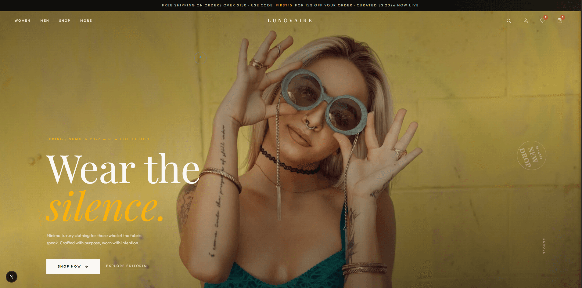 Lunovaire storefront hero with campaign imagery and product entry