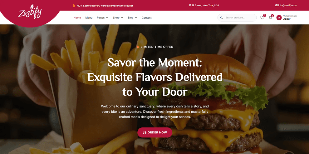 Zestify restaurant storefront with featured dishes and online ordering